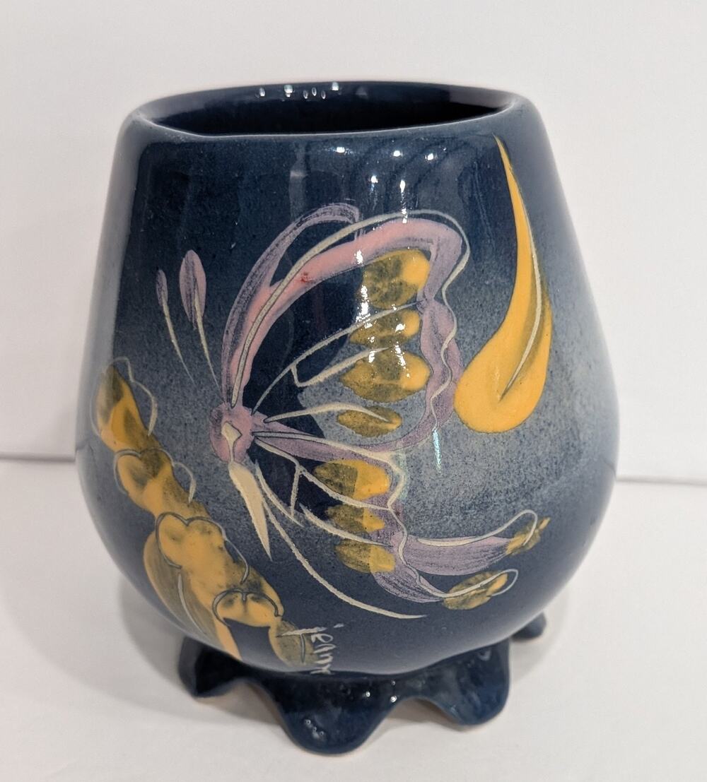 Vintage Studio Pottery Blue Butterfly Vase Signed Scalloped Footed 3.5" Folkart